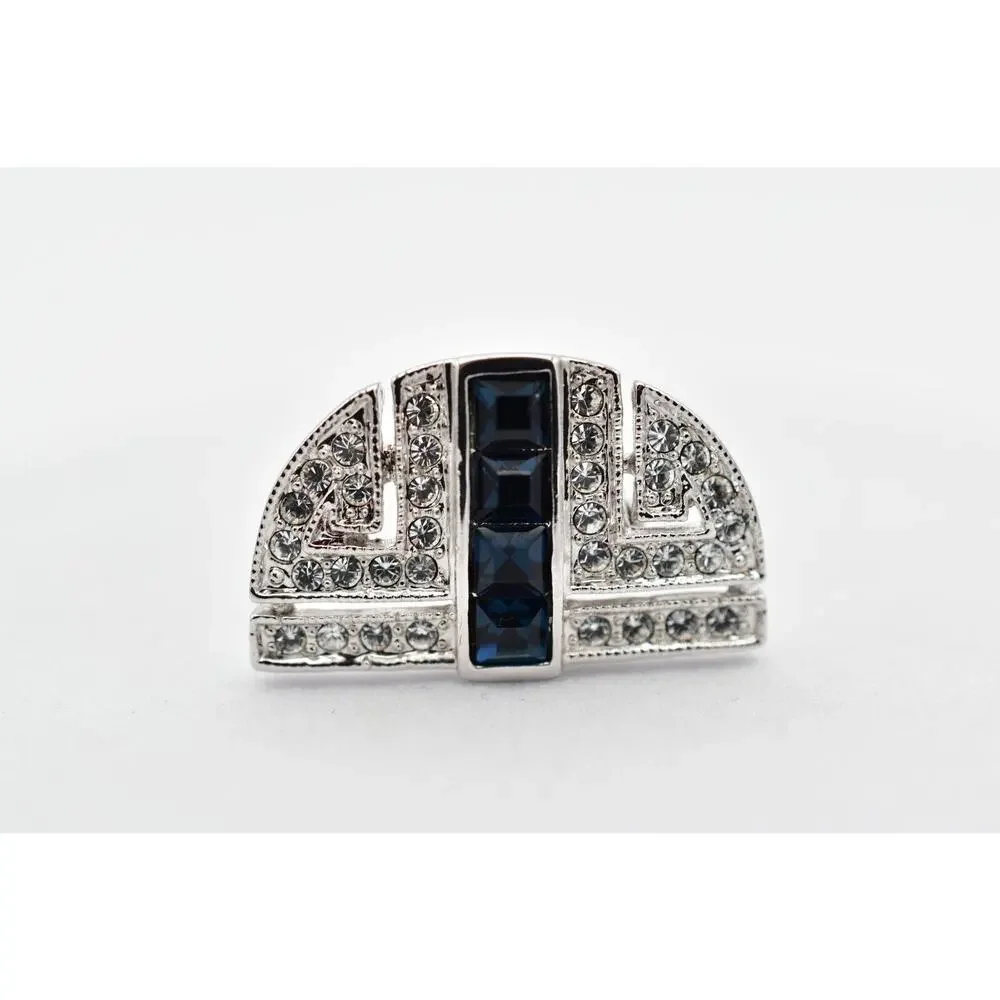 JBK Vintage Crystal Clip On Earrings Navy Blue Rhinestone Silver Signed BinBK